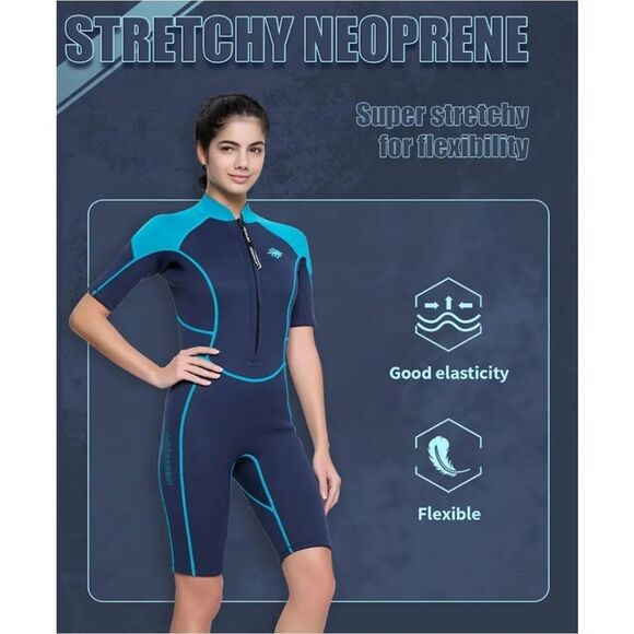 Womens Medium Blue Wetsuit Shorty, 3mm Front Zipper Neoprene Snorkeling Surfing - Picture 9 of 11